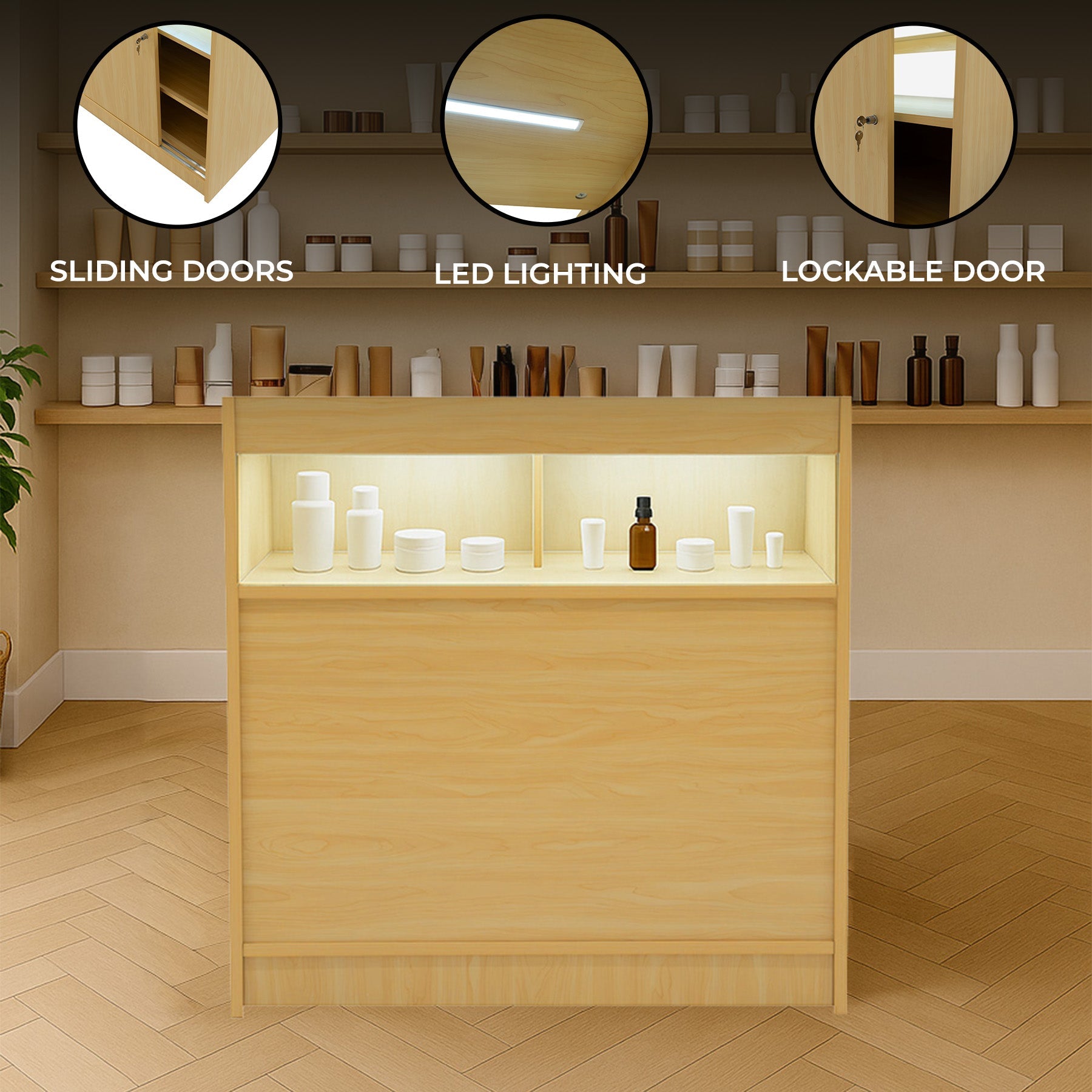 LED Retail Shop Counter B900 – Maple Finish