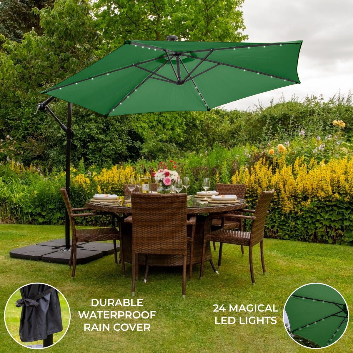 Green 3m LED Cantilever Parasol with Plain Base