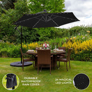 Black 3m LED Cantilever Patio Parasol With Fan Base