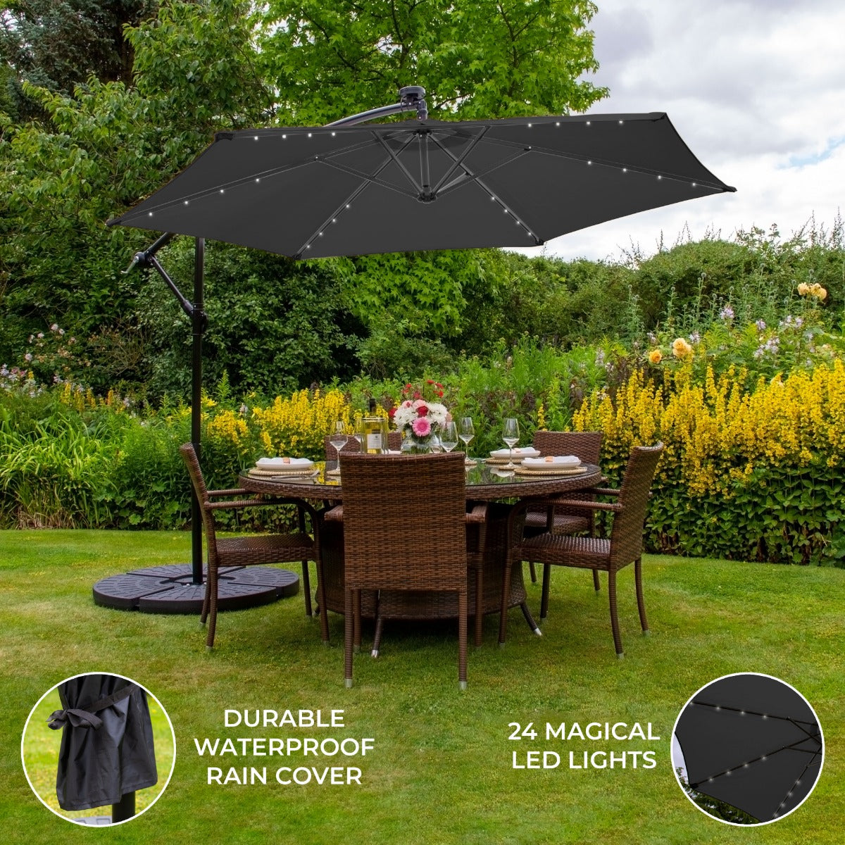 Grey 3m LED Cantilever Parasol with Fan Base