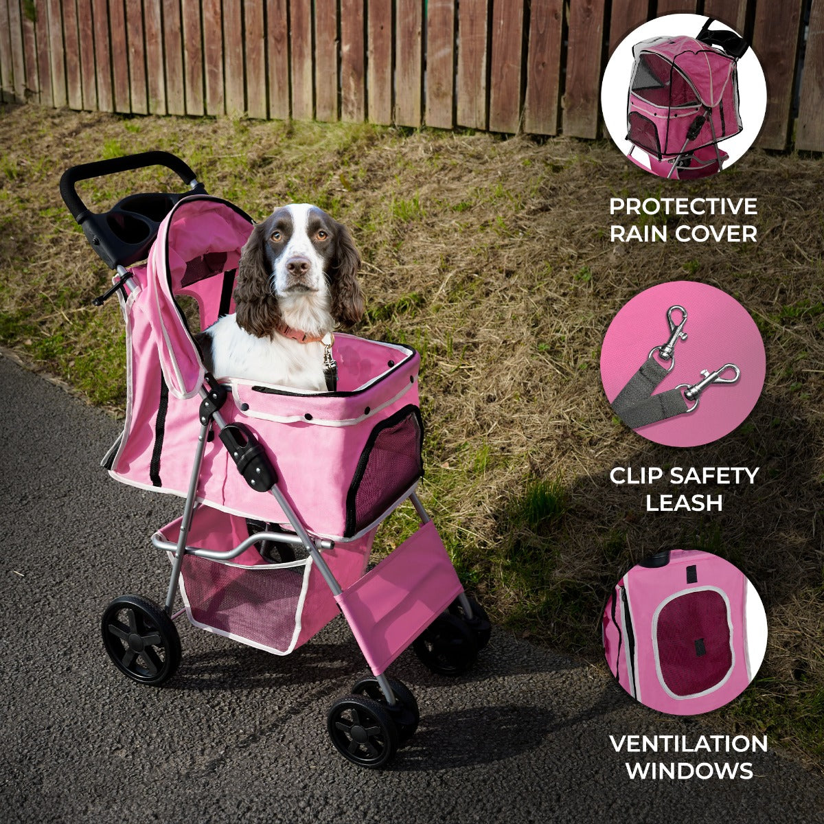 Pet Stroller with Rain Cover - Pink