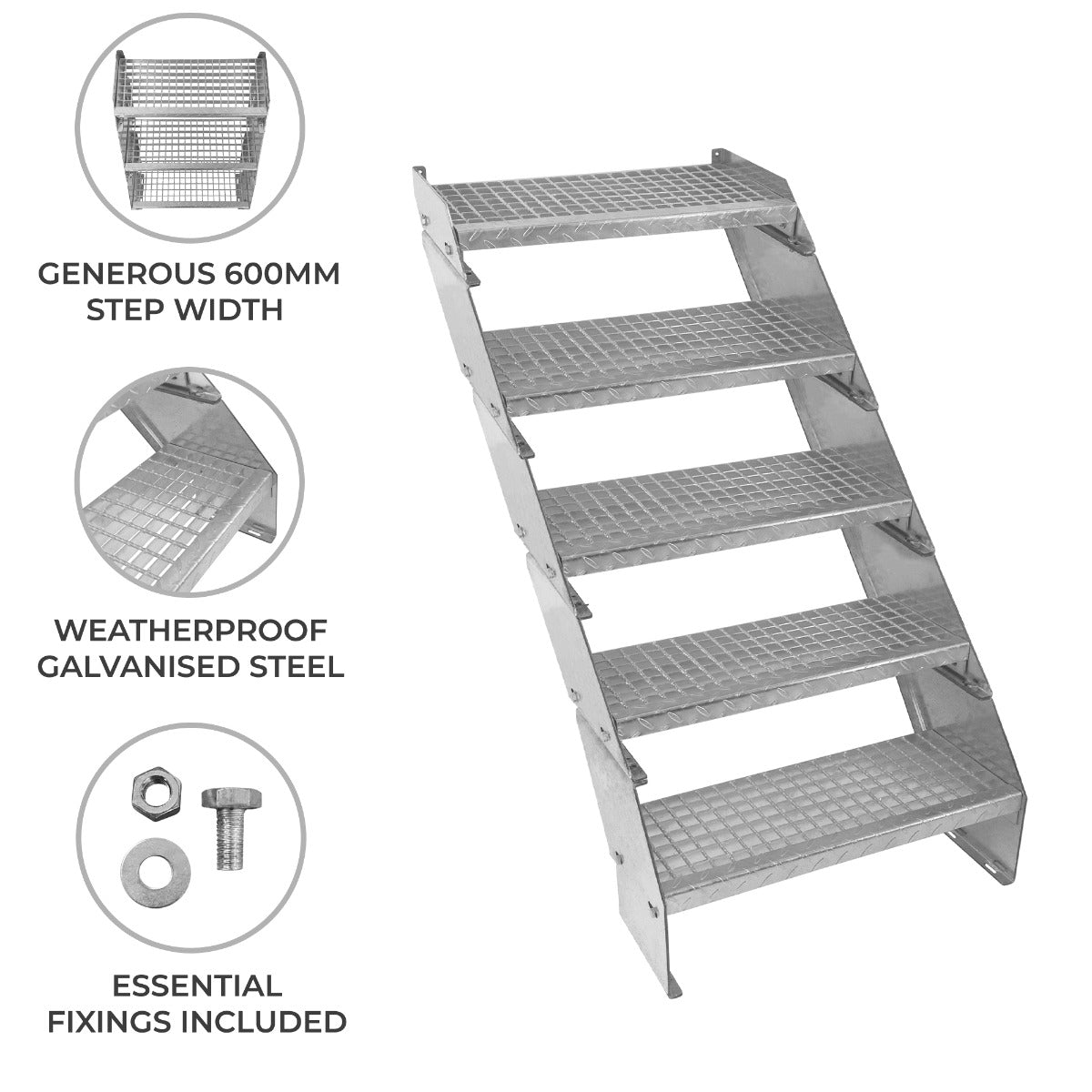 Adjustable 5-Section Galvanised Staircase, 600mm Wide