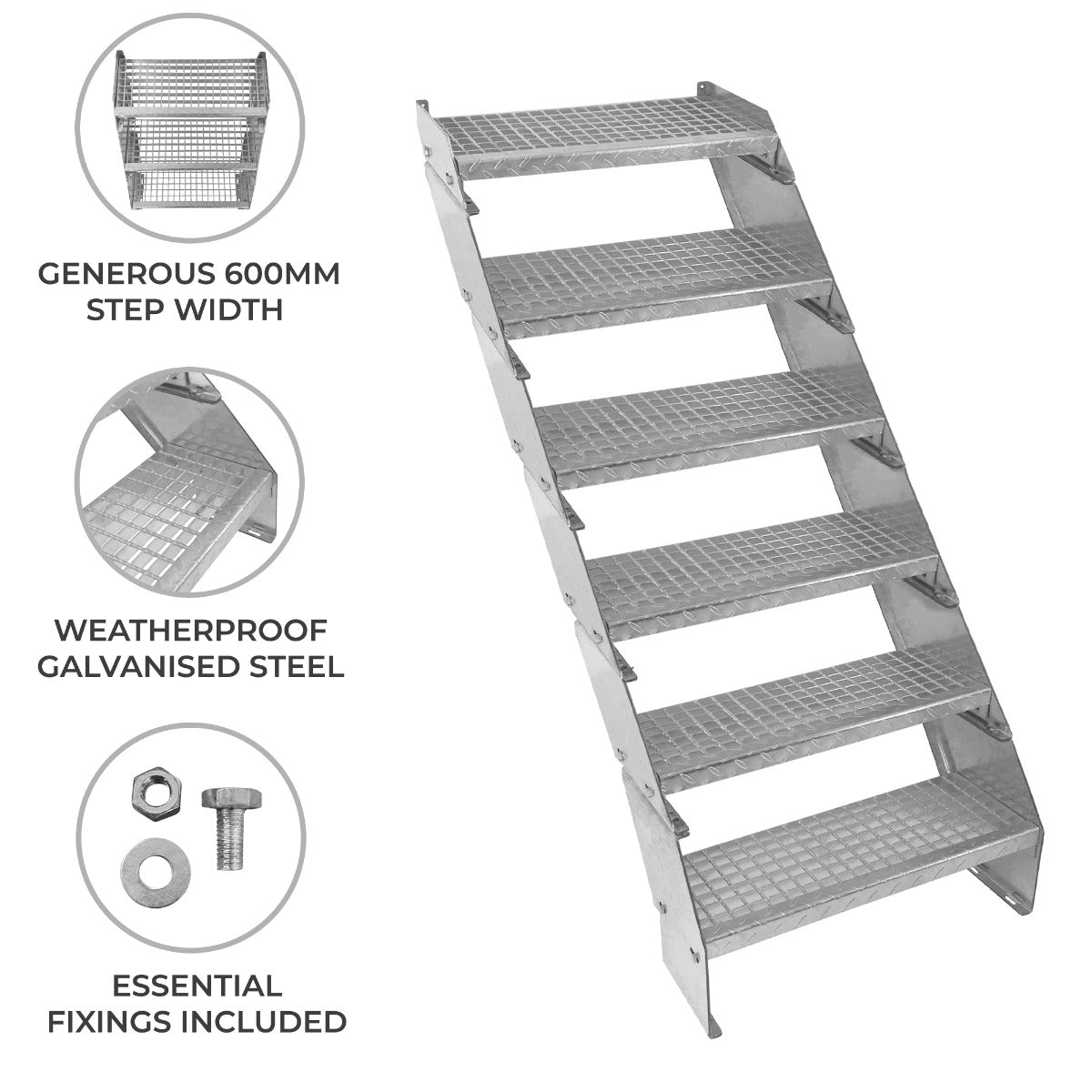 Adjustable 6-Section Galvanised Staircase, 600mm Wide