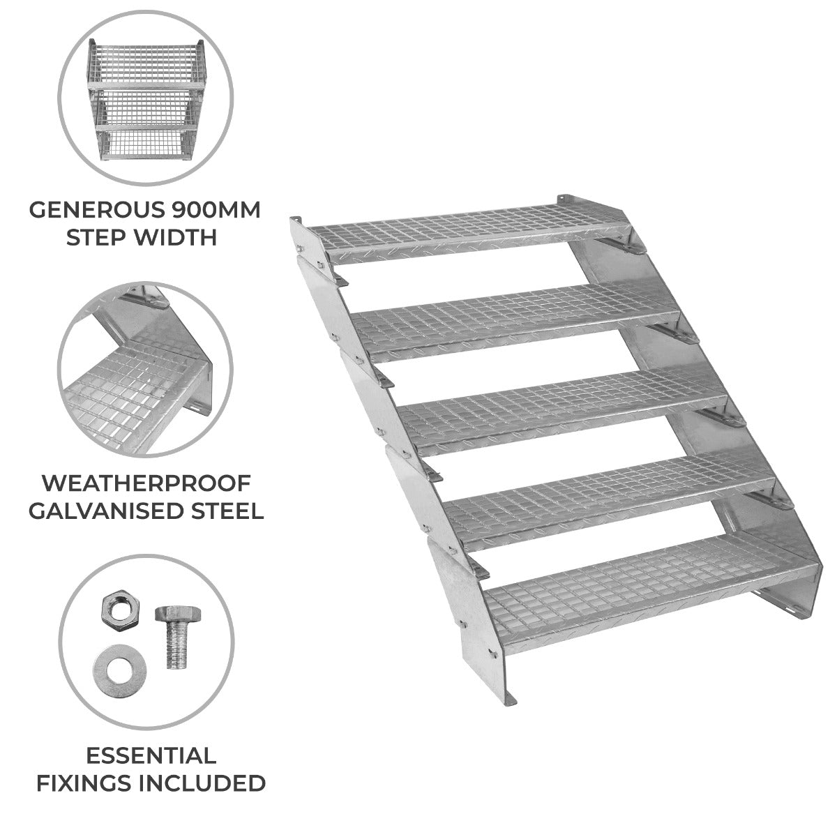 Adjustable 5-Section Galvanised Staircase, 900mm Wide