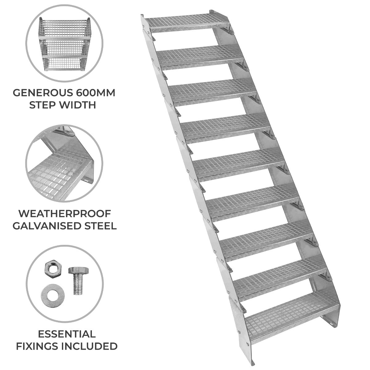 Adjustable 9-Section Galvanised Staircase, 600mm Wide