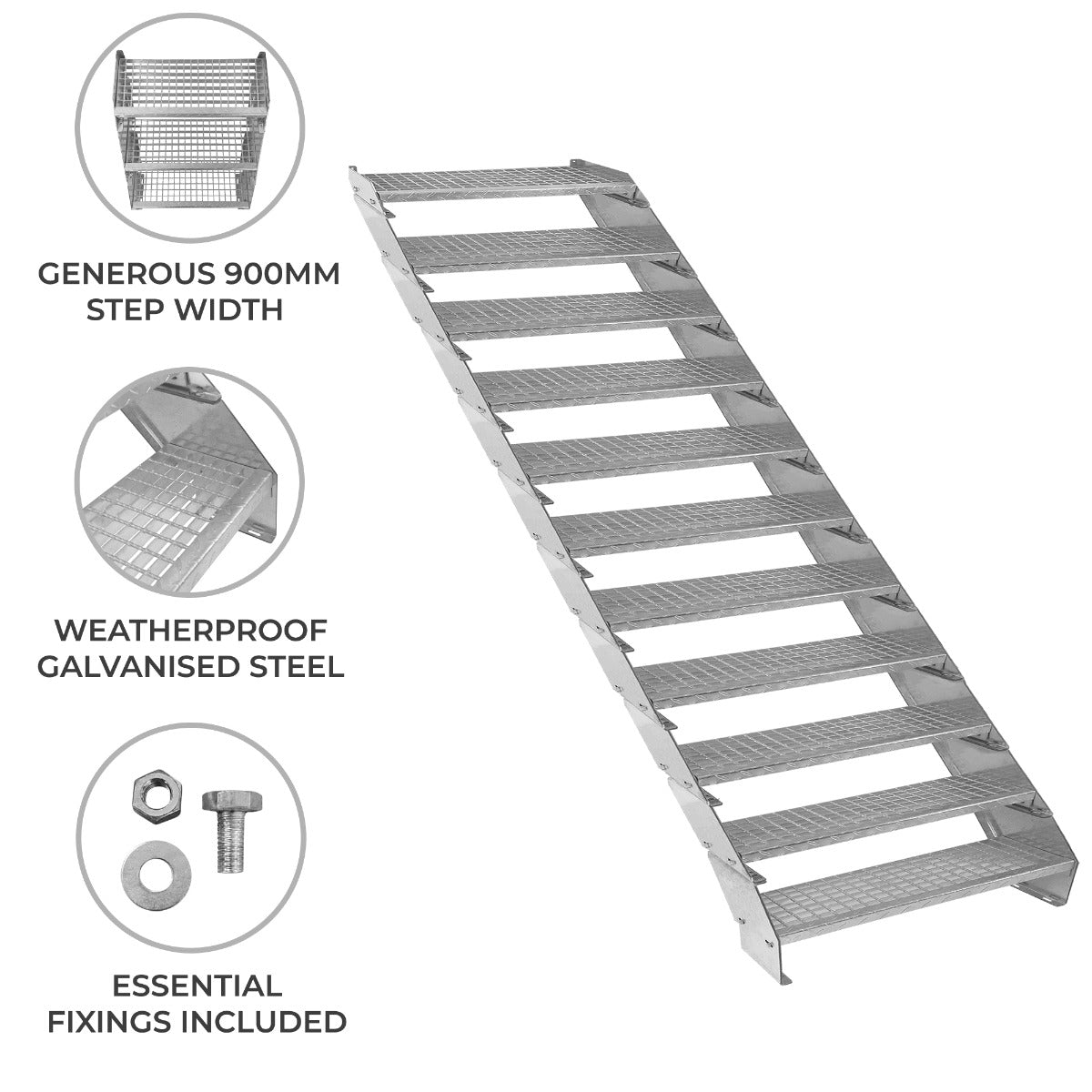 Adjustable 11-Section Galvanised Staircase – 900mm Wide