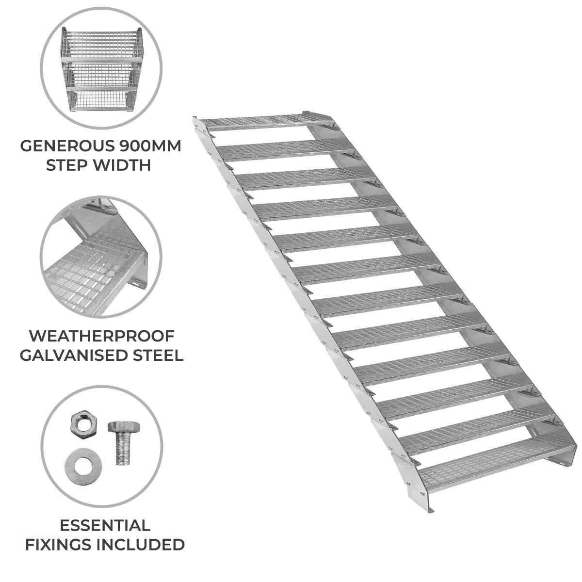 Adjustable 12-Section Galvanised Staircase, 900mm Wide