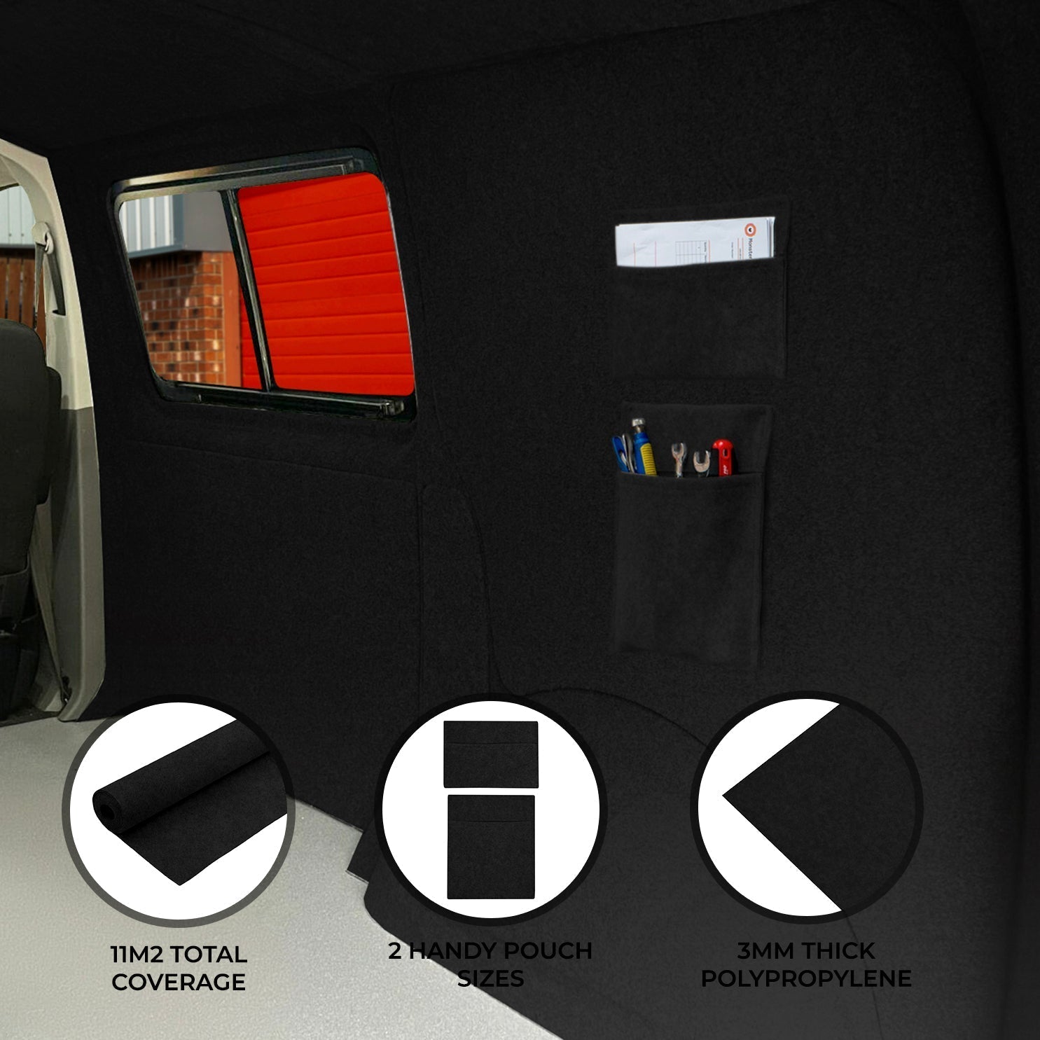 Black Van Carpet Lining and Storage Pouches