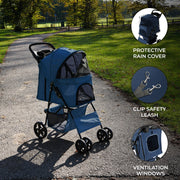 Navy Blue Pet Stroller with Rain Cover