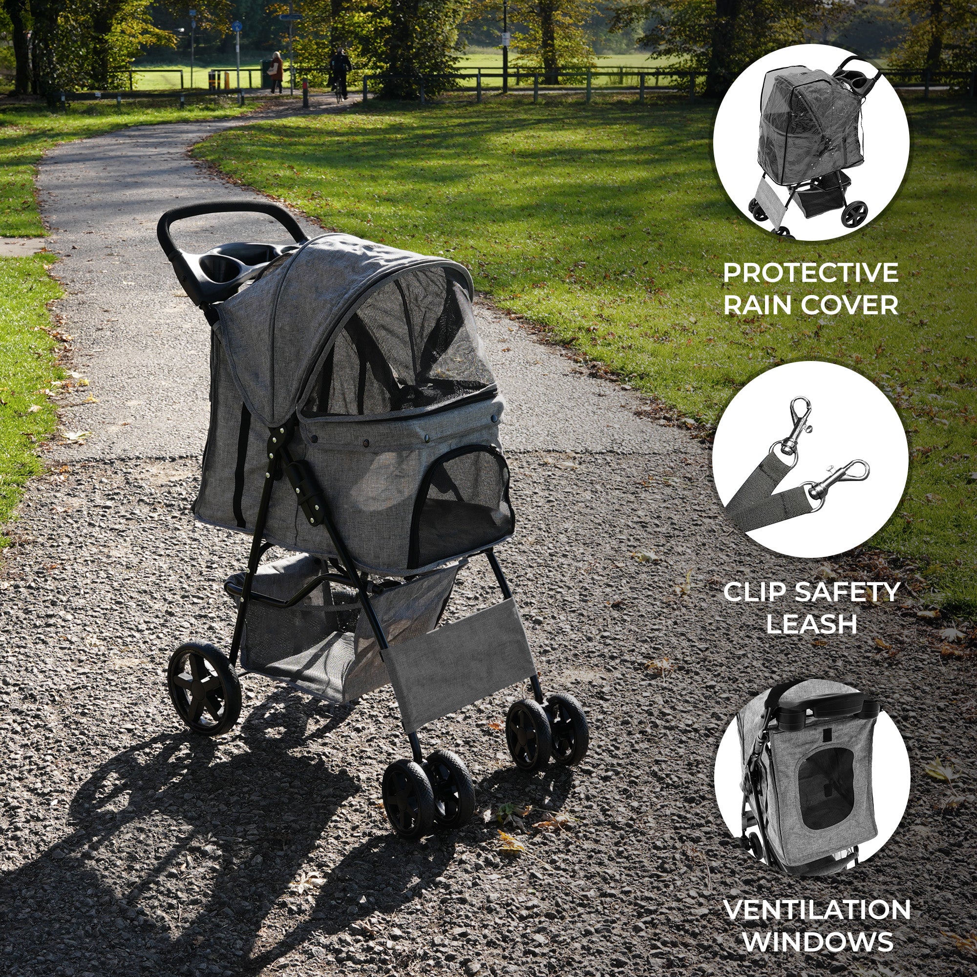 Woven Grey Pet Stroller with Rain Cover