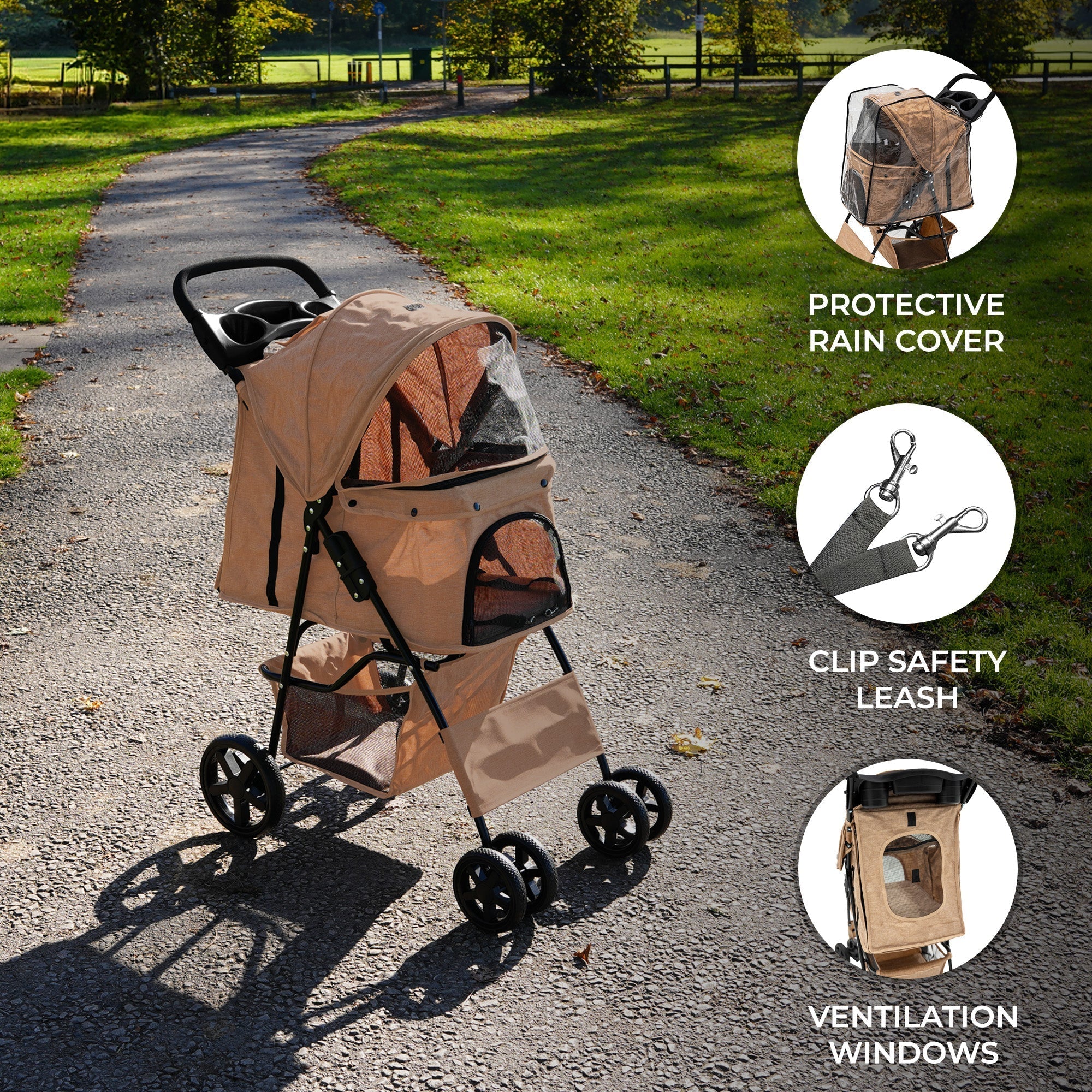 Woven Beige Pet Stroller with Rain Cover
