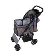 Blue Tartan Pet Stroller with Rain Cover and Caddy Bag
