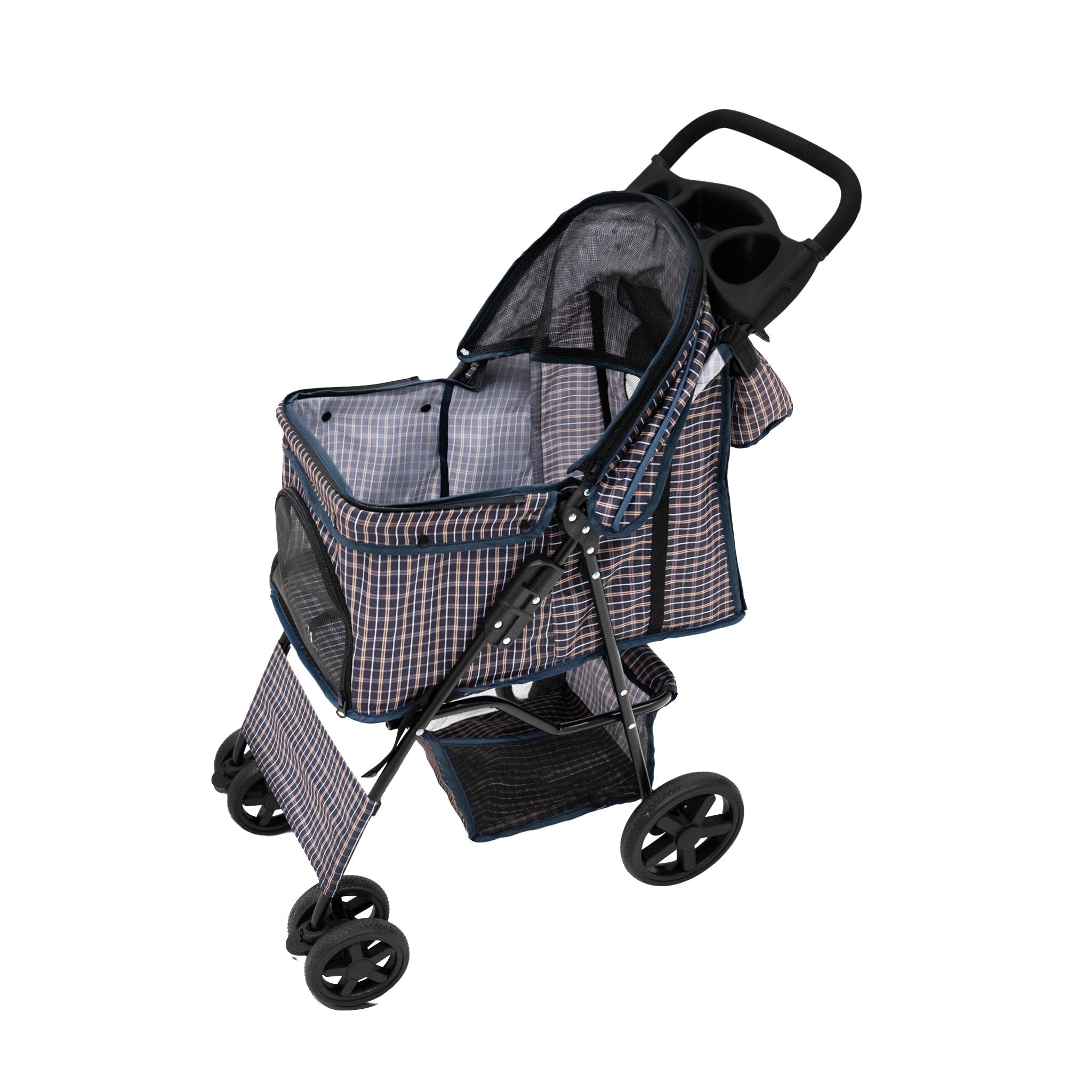 Blue Tartan Pet Stroller with Rain Cover and Caddy Bag