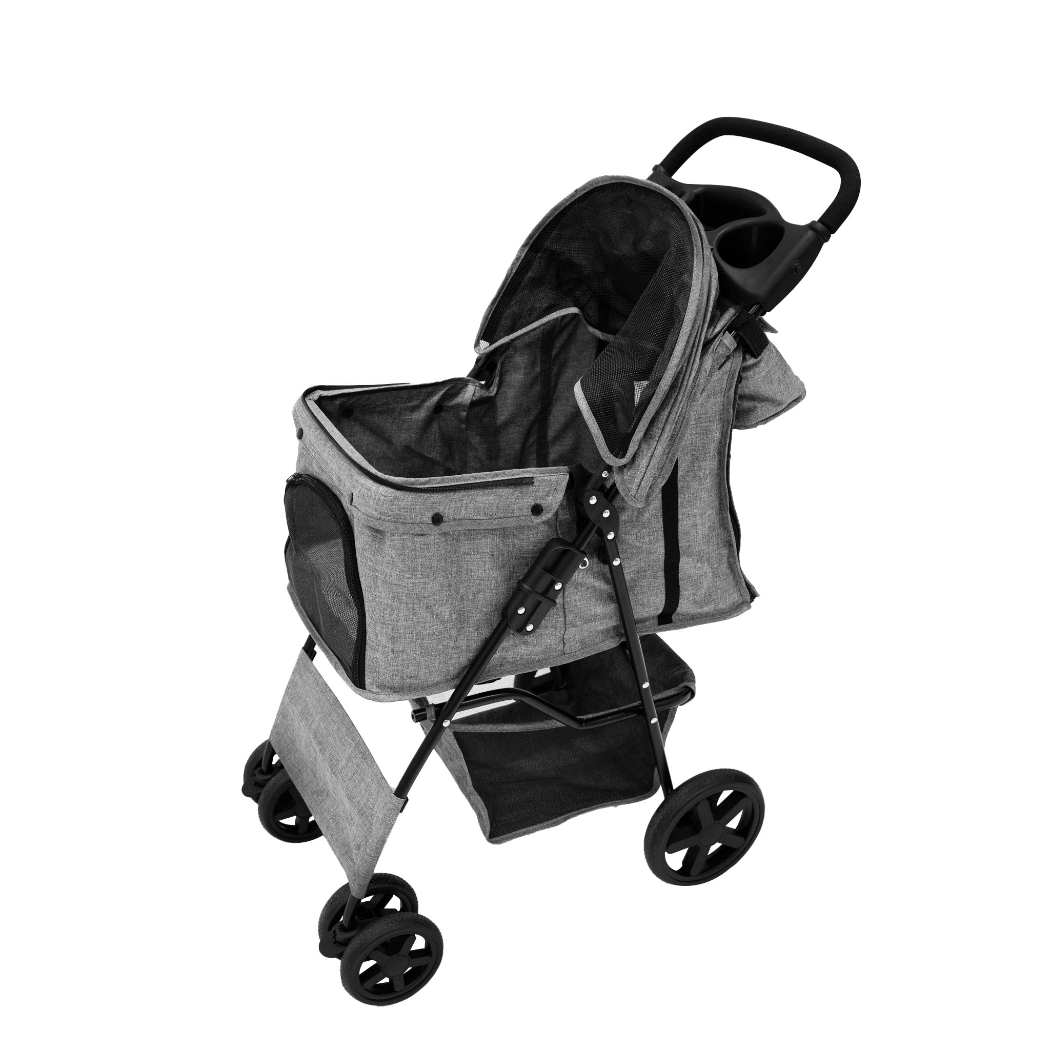 Woven Grey Pet Stroller with Rain Cover and Caddy Bag