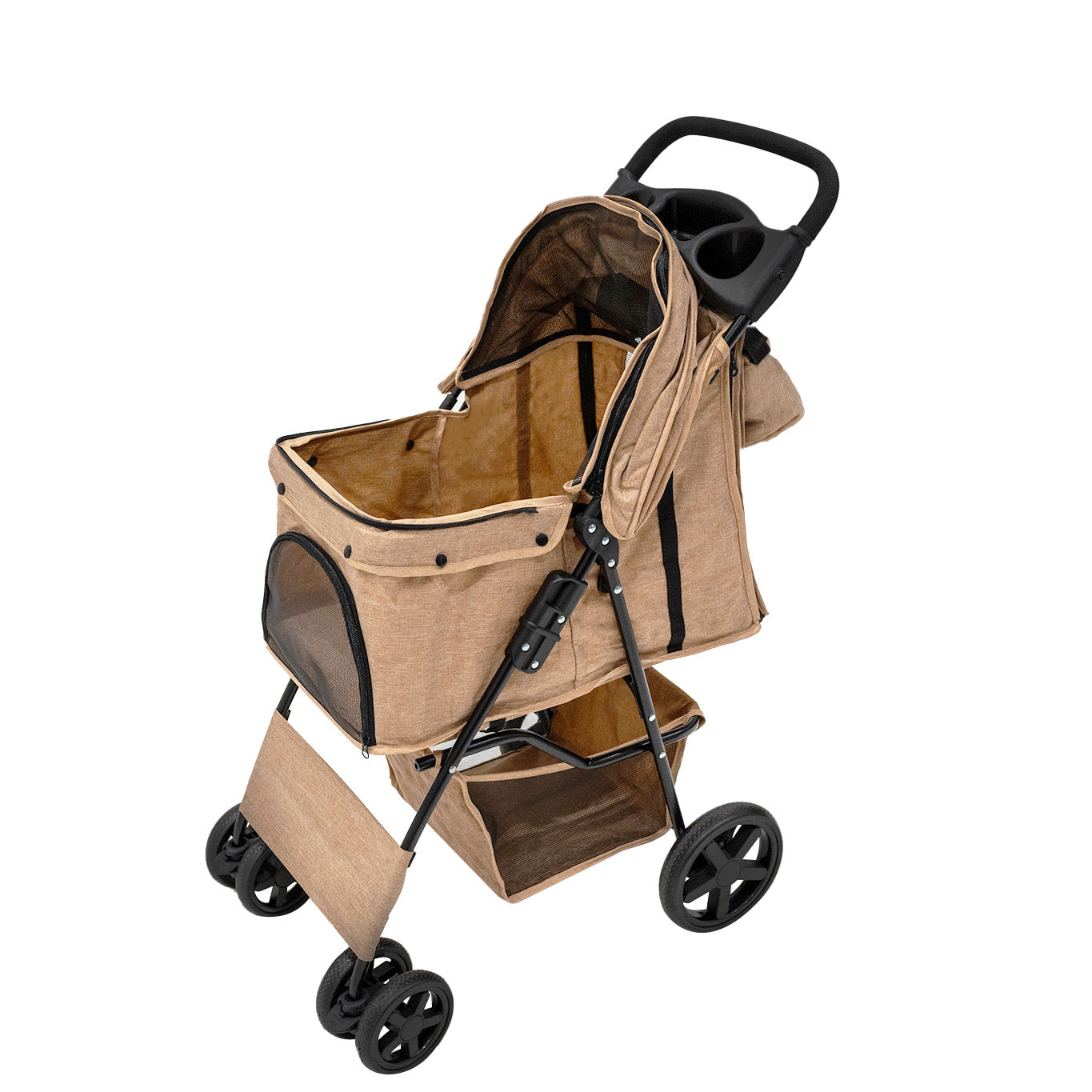 Beige Woven Pet Stroller with Rain Cover and Caddy Bag
