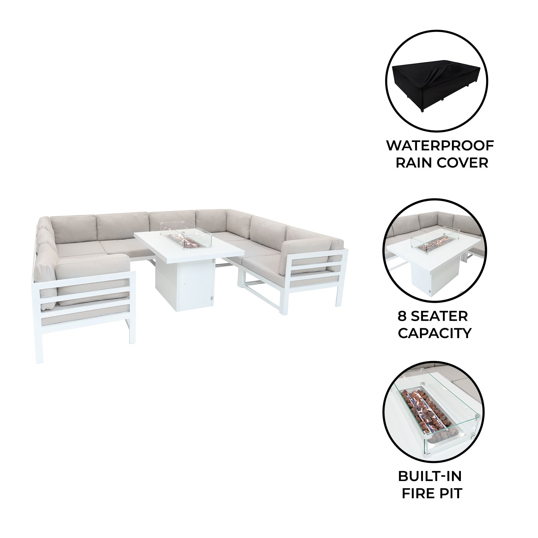 White Modular Outdoor Garden Furniture Set with Fire Pit