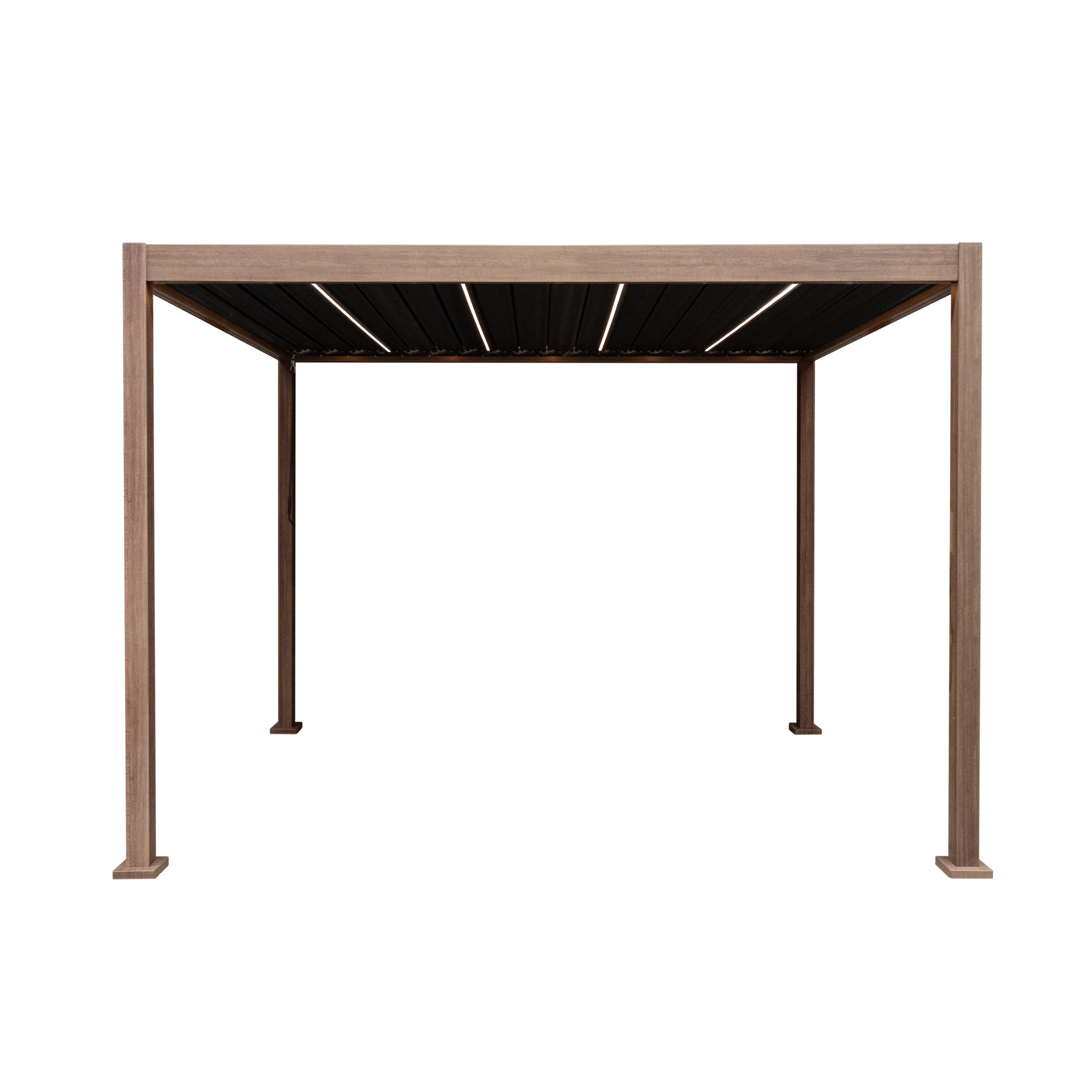 Wood-Effect Aluminium Pergola with LED Lights, 3m x 3m