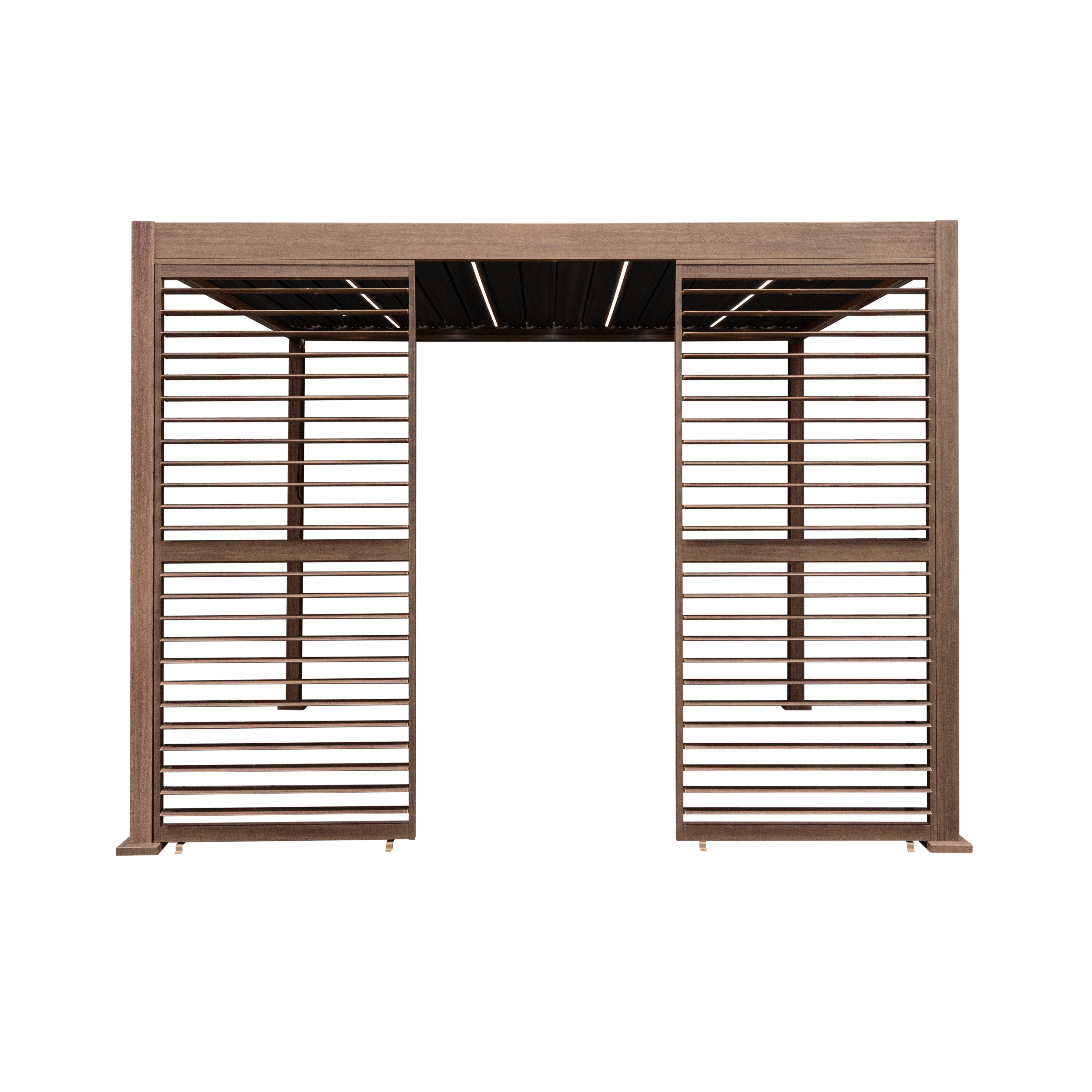 Wood-Effect Aluminium Pergola with LED Lighting and Two Side Panels – 3m x 3m