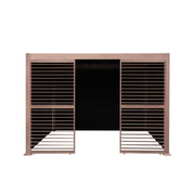 Wood-Effect Aluminium Pergola with Blinds and Two Louvre Panels – 3m x 3m