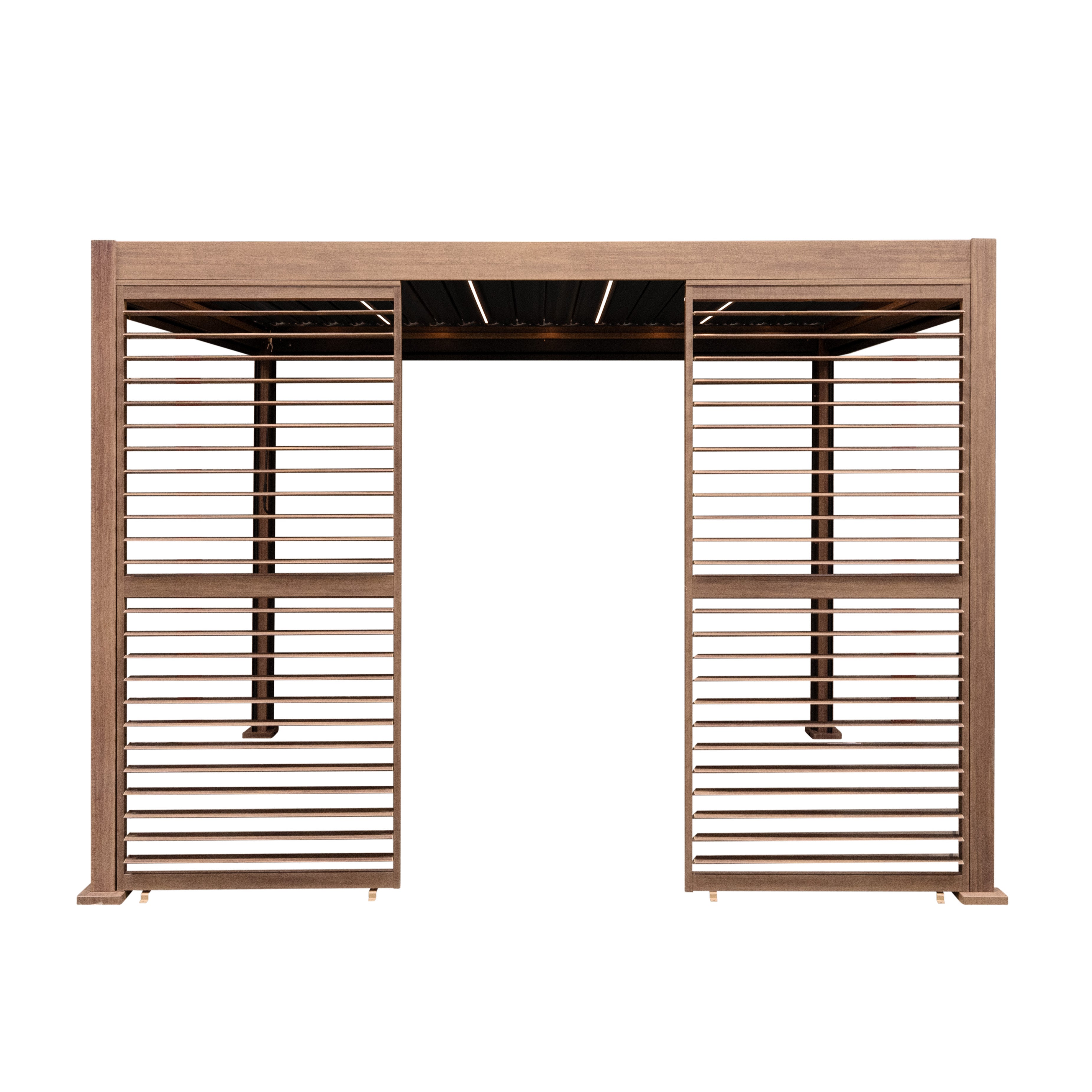 Wood-Effect Aluminium Pergola with Blinds, Two Side Panels and LED Lights - 3m x 3m