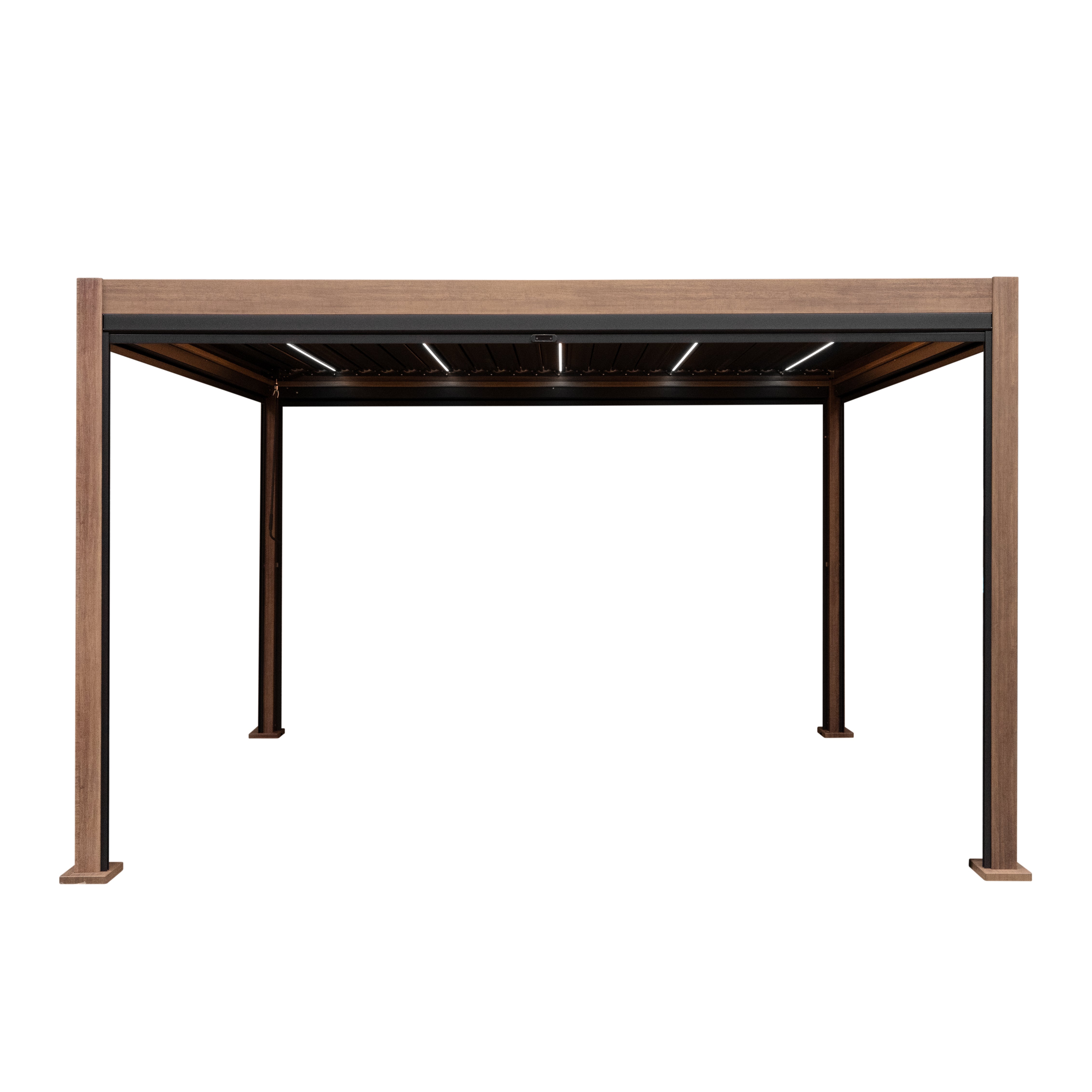 Wood-Effect Aluminium Pergola with Blinds and LED Lighting - 4m x 3m