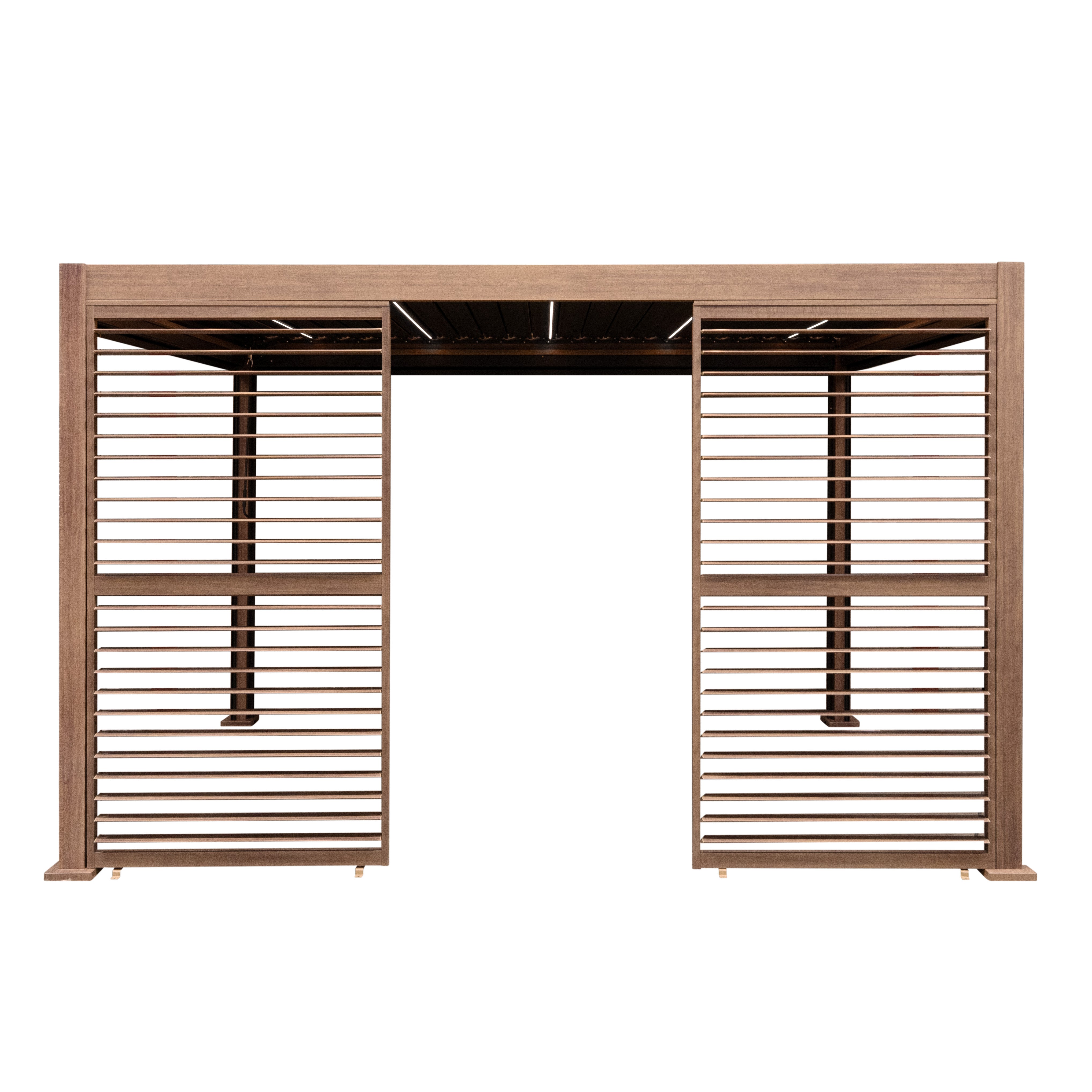 Wood-Effect Aluminium Pergola with Blinds, Two Side Panels and LED Lighting – 4m x 3m