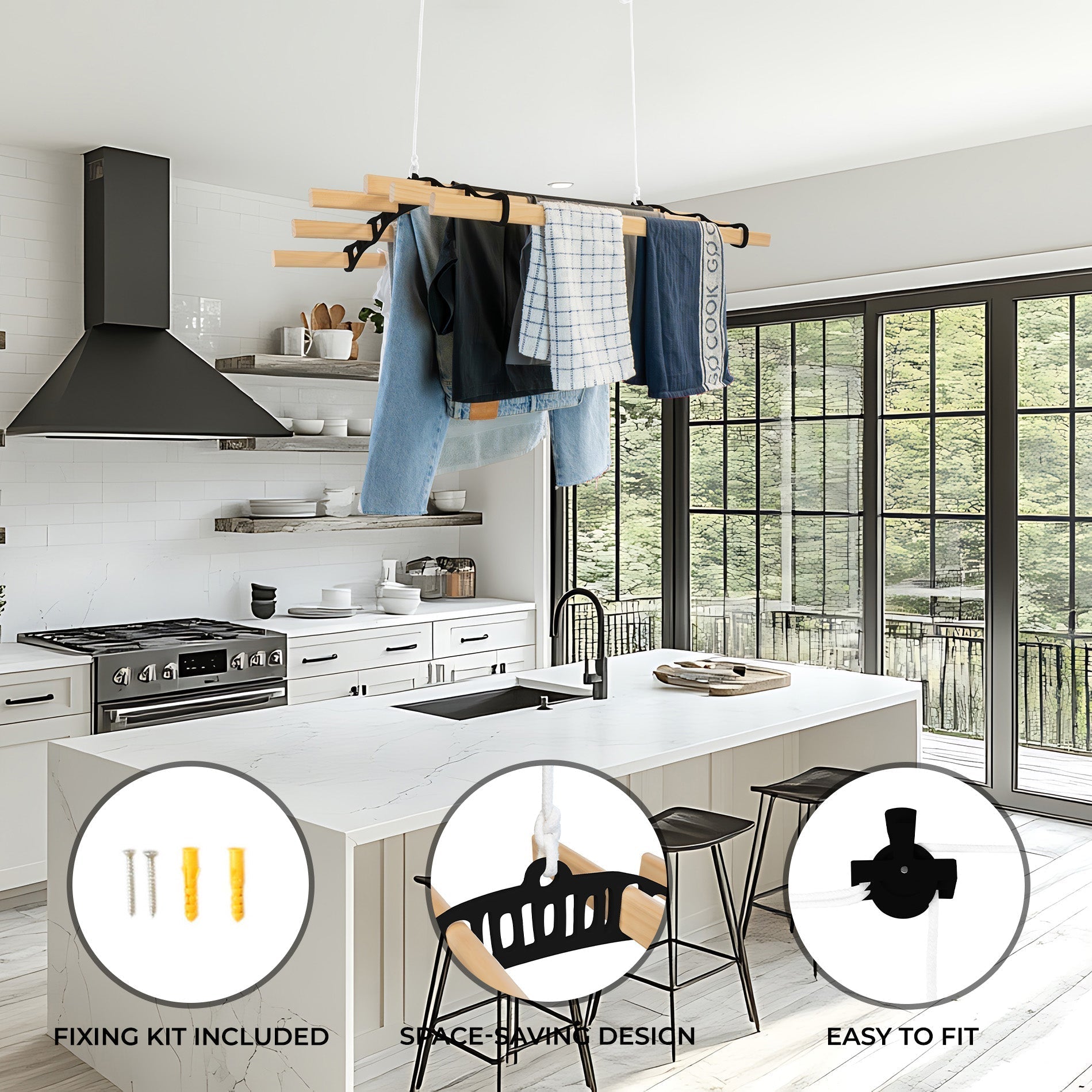 Ceiling-Mounted Clothes Airer with Pulley – Black, 0.9 m