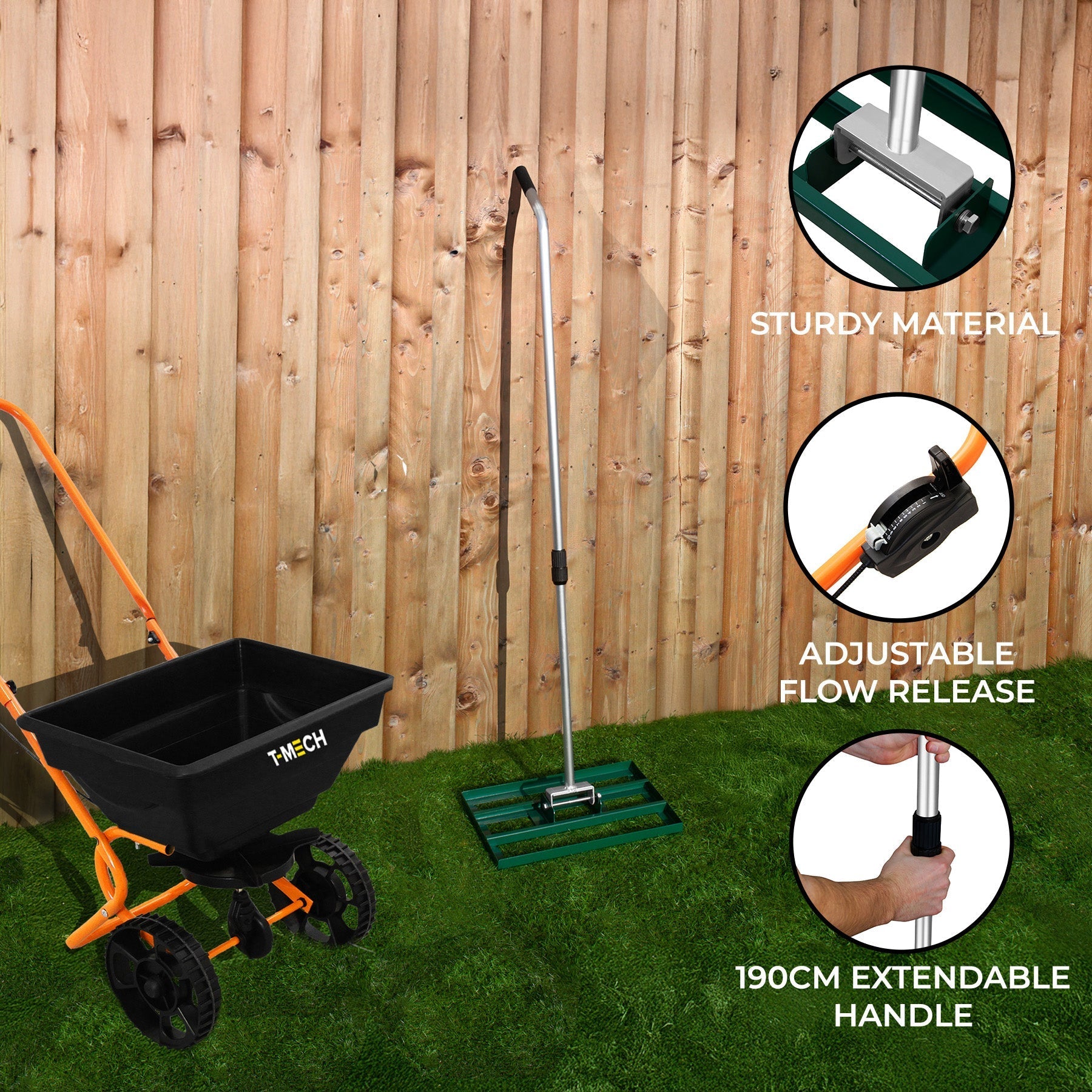 Rotary Spreader and 50 cm Lawn Leveller – Green