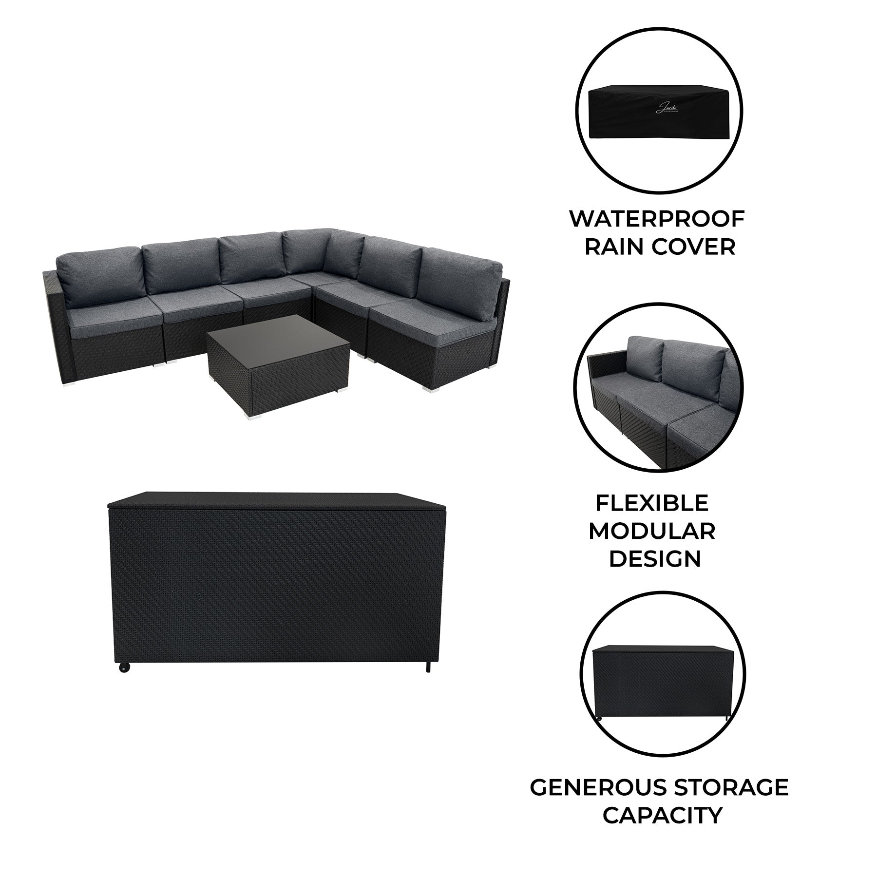 Black Rattan Modular 7-Piece Furniture Set with 700L Storage Box