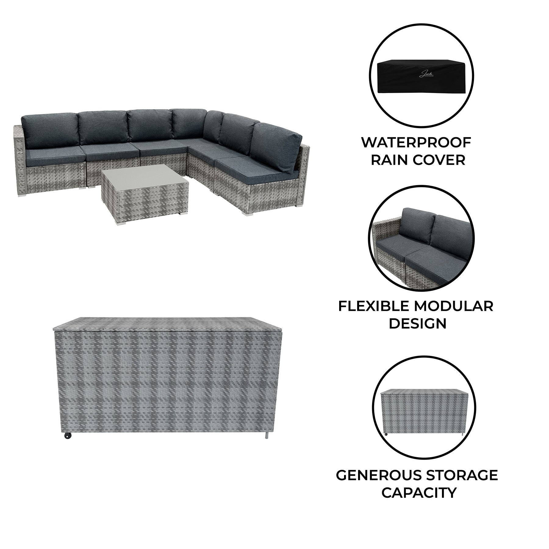 Grey Rattan Modular 7-Piece Furniture Set with 700-Liter Storage Box