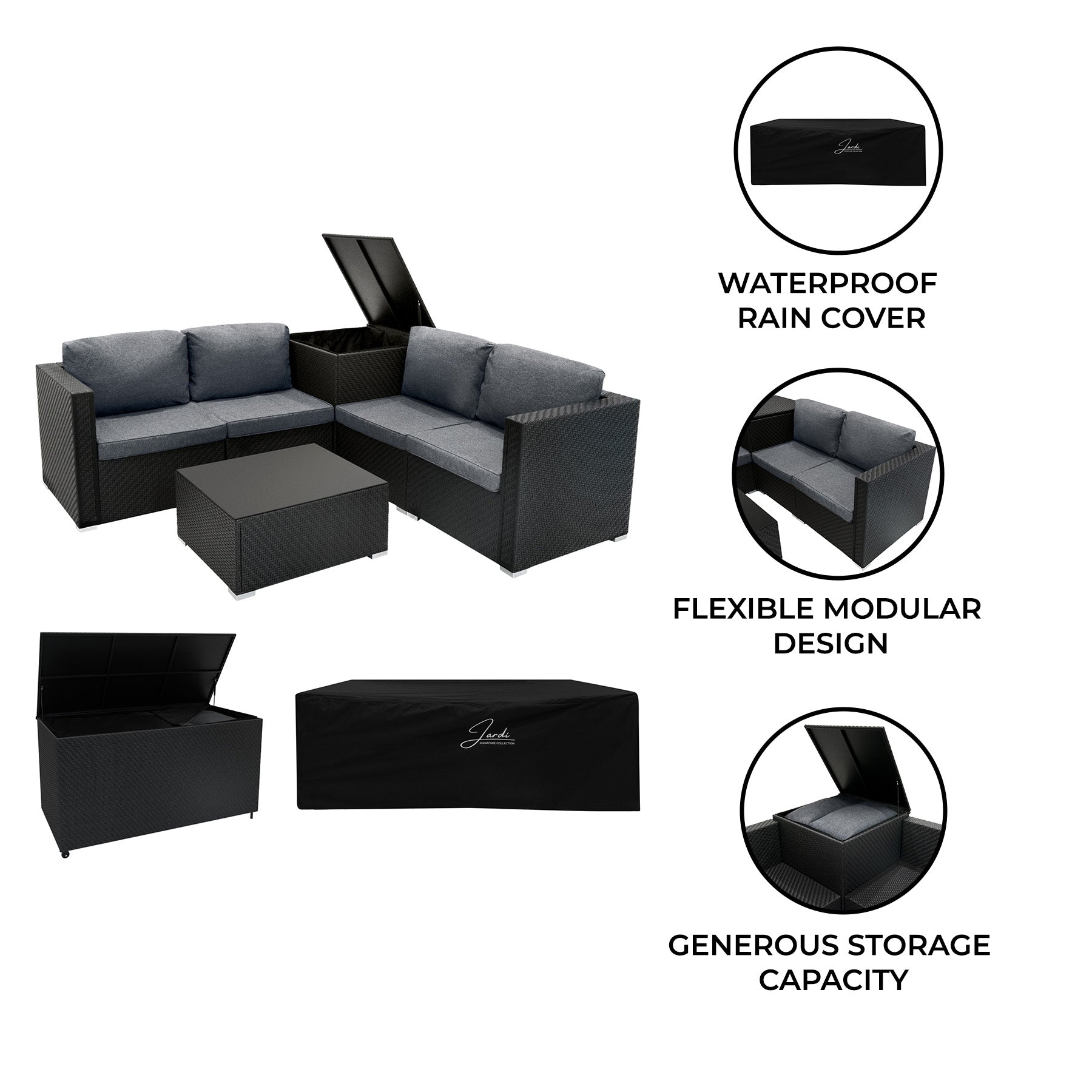 Rattan Modular 6-Piece Furniture Set with 996L Storage Box – Black
