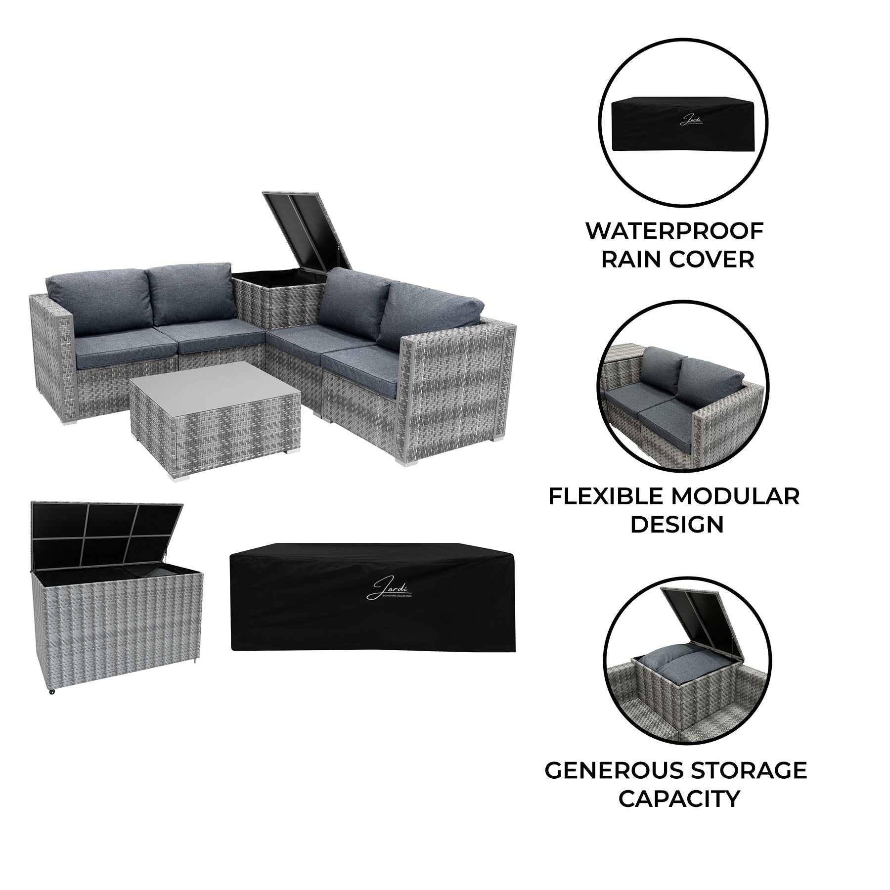 Rattan Modular 6-Piece Furniture Set with 700L Storage Box, Grey