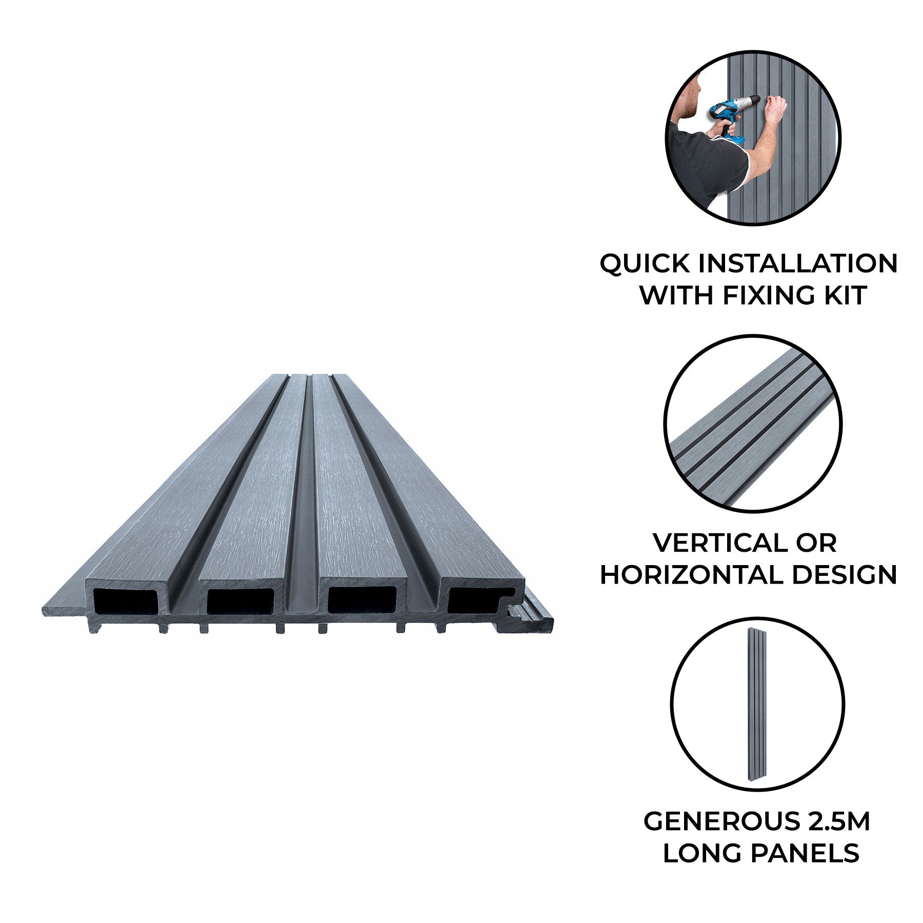 WPC Slatted Wall Cladding - 4 Panels, Grey