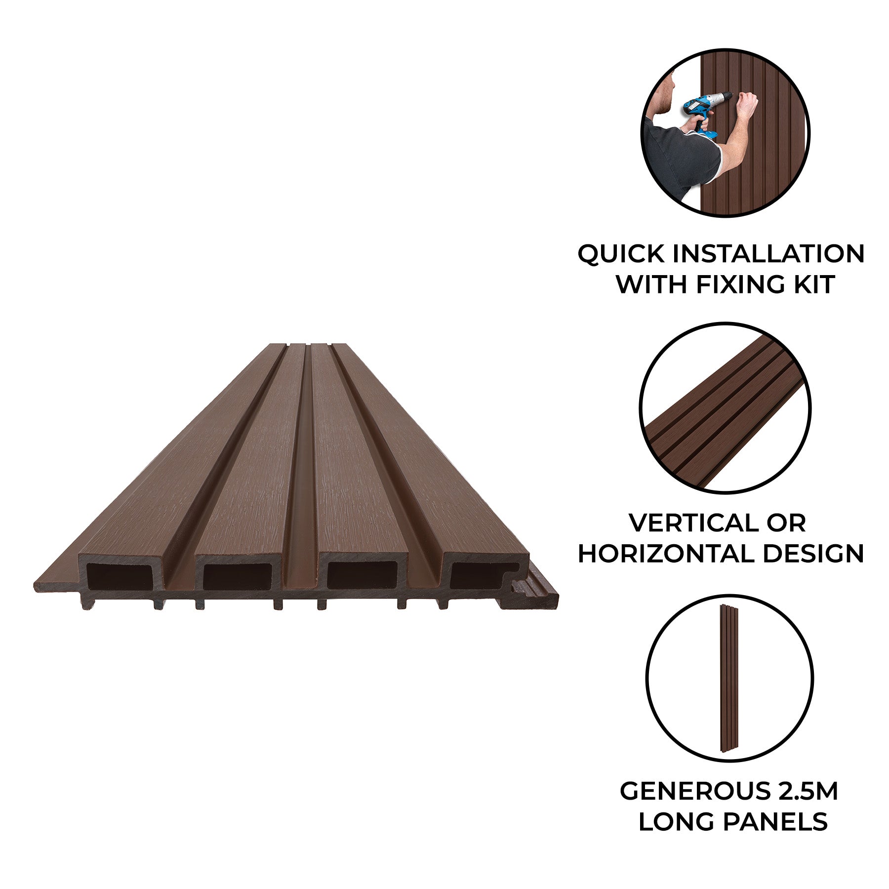 Wood-Plastic Composite Slatted Wall Cladding – 4 Panels – Brown