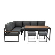 Aluminium Corner Sofa Set with Black Rattan Storage Box – Wood-Effect Finish