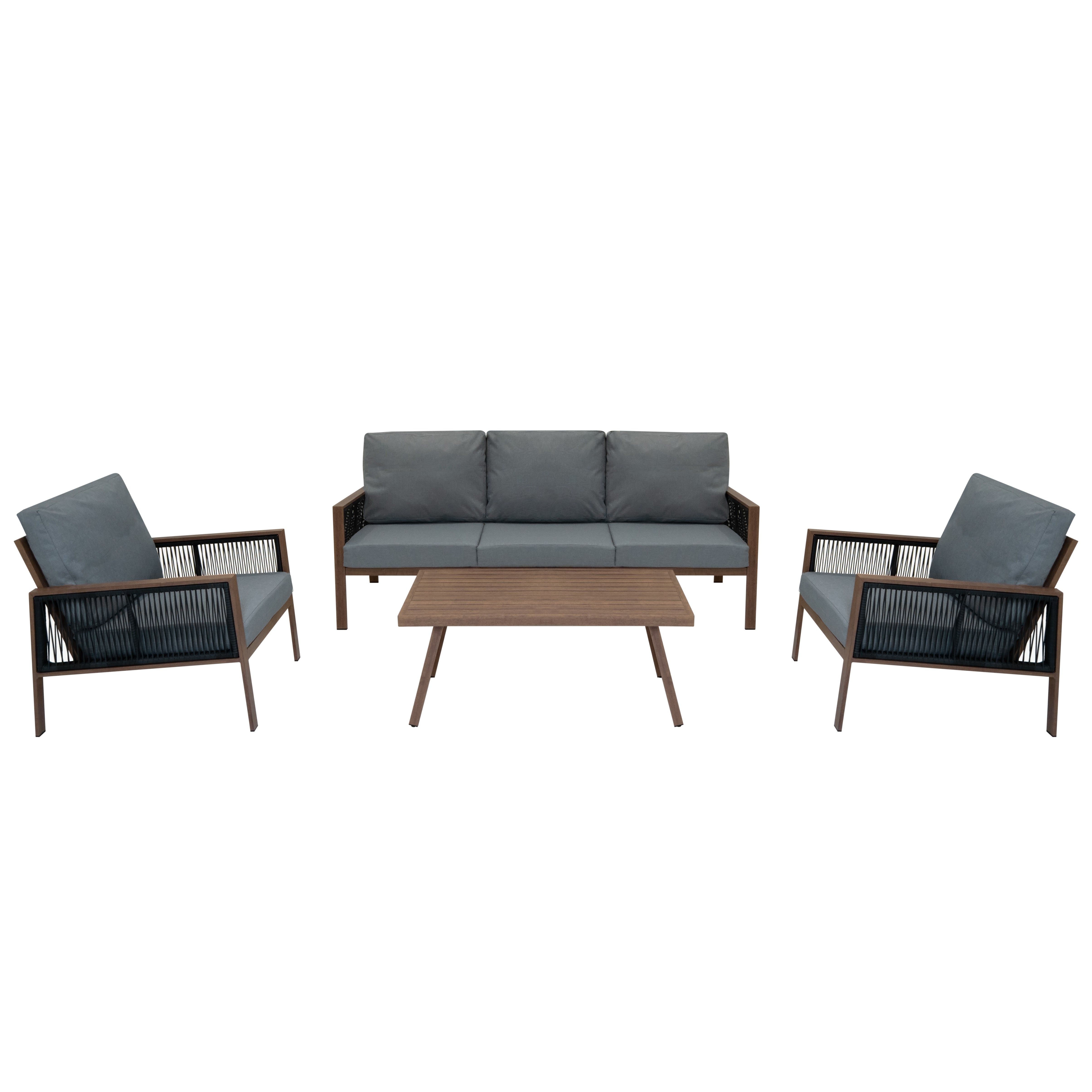 Aluminium 4-Piece Sofa Set with Black Rattan Storage Box – Wood Effect Finish