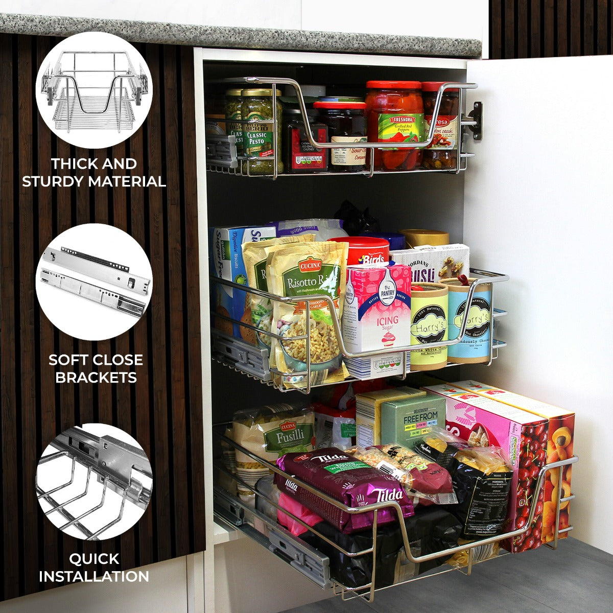 4-Pack KuKoo Kitchen Pull-Out Storage Baskets for 400mm Wide Cabinets