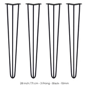 4-Pack 28in Hairpin Legs - 10mm Diameter - 3-Prong Mounting Plate - Black