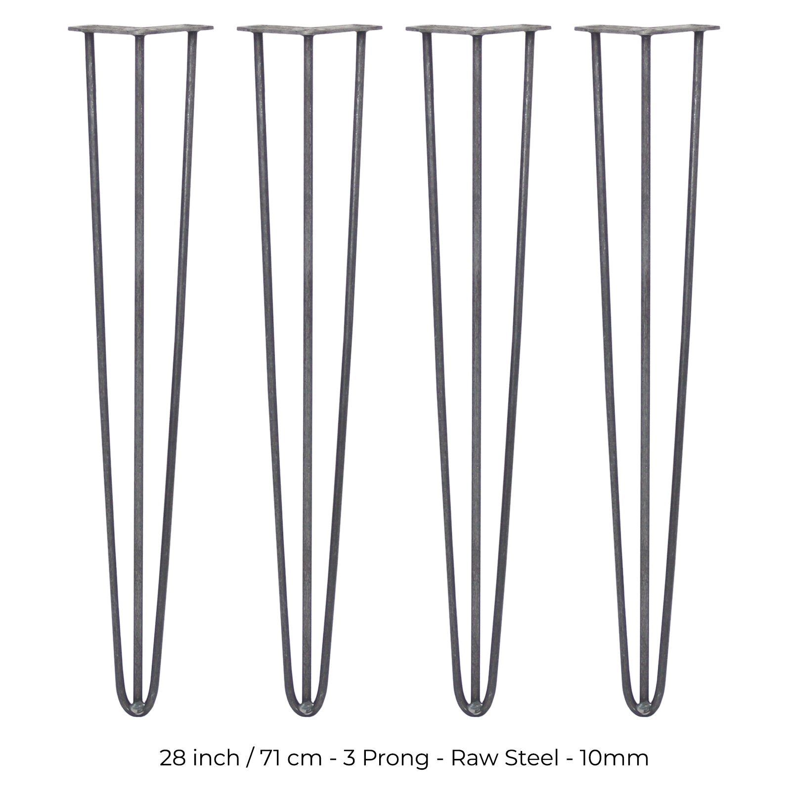 Set of 4 28-Inch Hairpin Legs, 3-Prong Mounting, 10mm Diameter, Raw Steel