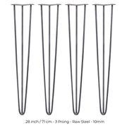 Set of 4 28-Inch Hairpin Legs, 3-Prong Mounting, 10mm Diameter, Raw Steel