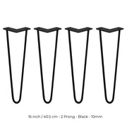 4 x 16-Inch Hairpin Legs, 2-Prong, 10mm, Black