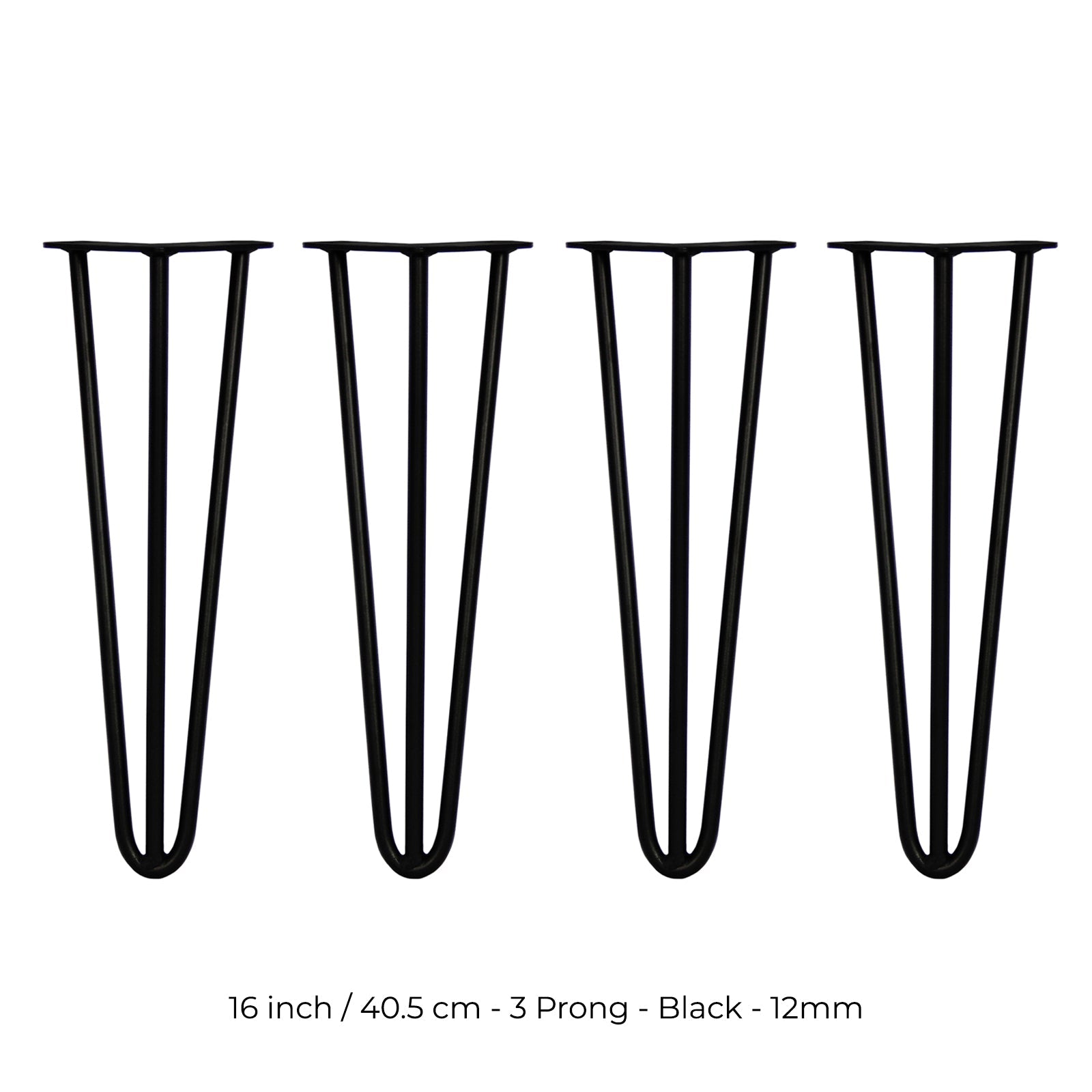 4-Pack 16-Inch Hairpin Legs, 12mm Diameter, 3-Prong, Black