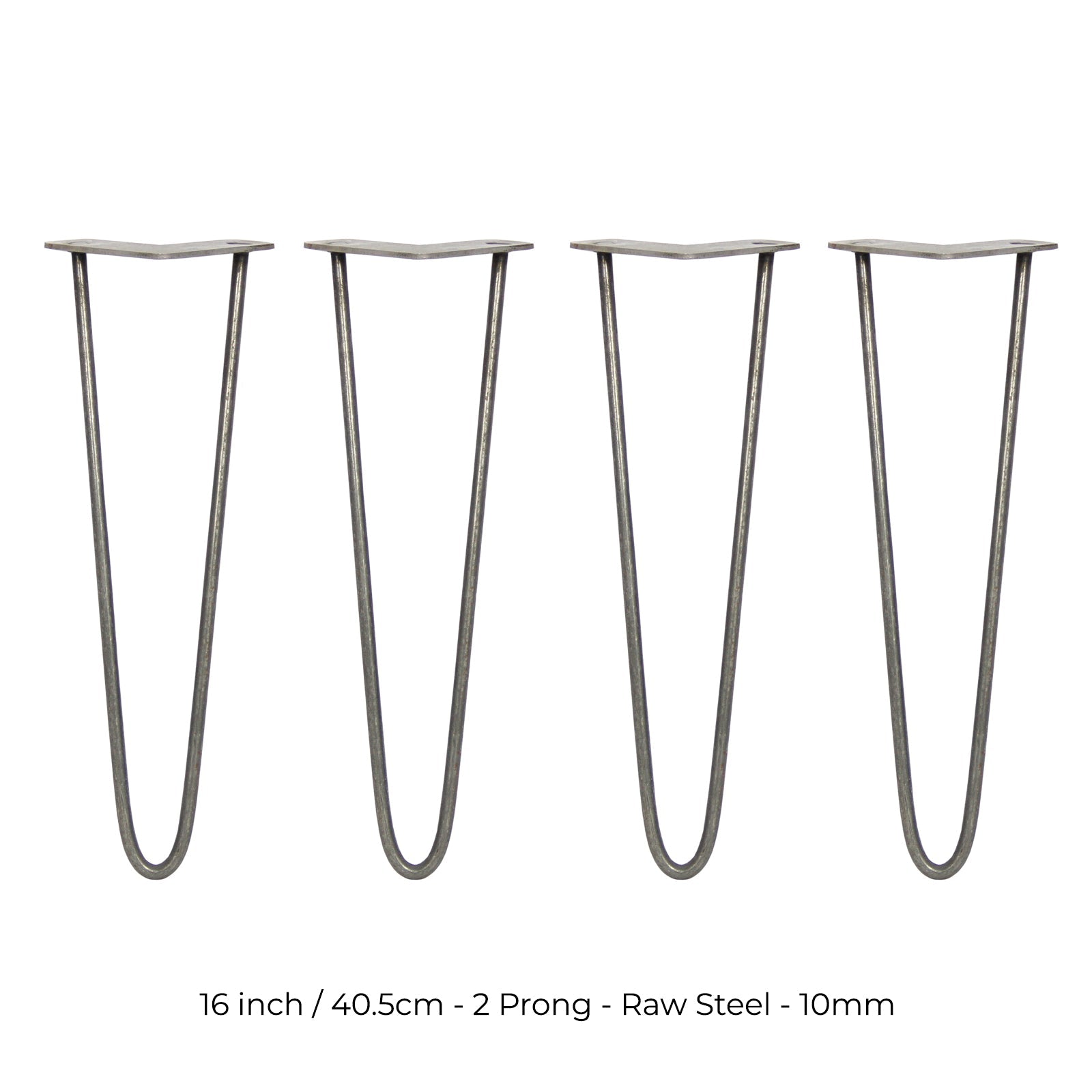 4-Pack 16-Inch Hairpin Legs, 2-Prong Mount, 10mm Diameter, Raw Steel