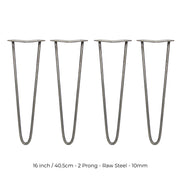 4-Pack 16-Inch Hairpin Legs, 2-Prong Mount, 10mm Diameter, Raw Steel