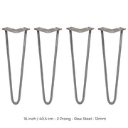 4-Pack 16-Inch Hairpin Legs, 12mm Diameter, 2-Prong Mounting, Raw Steel