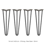 4 x 16-Inch Hairpin Legs, 12mm Diameter, 3-Prong Mounting, Raw Steel