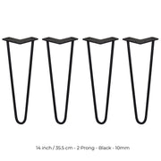 4-Pack 14-Inch Black Hairpin Legs, 10mm Diameter, 2-Prong Mounting