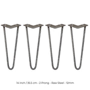 Set of 4 14-Inch Hairpin Legs, 12mm Diameter, 2-Prong, Raw Steel