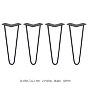 Set of 4 12-Inch Hairpin Legs, 10mm Diameter, Black, 2-Prong Mounting