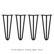 4-Pack 12-Inch Hairpin Legs – 3-Prong Mount, 12mm Diameter, Black